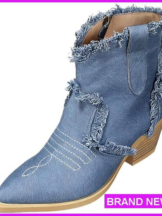 Shoes - Denim Western Ankle Boots with Embroidery Chunky Heel Pointed Toe Side Zipper